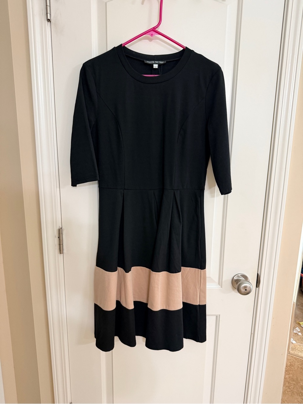 Black and Beige Colorblock Long Sleeve Fit-and-Flare Dress by Ann Taylor